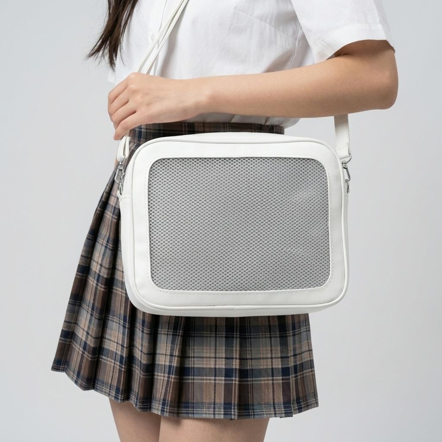 White Kawaii Convertible Ita Bag with Clear Window for Pin Display