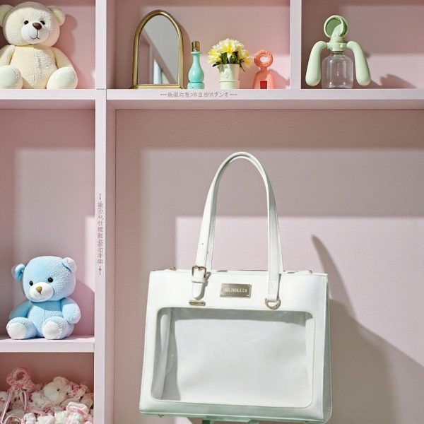 White Kawaii Convertible Ita Bag with Clear Window for Pin Display — ita bag detail view
