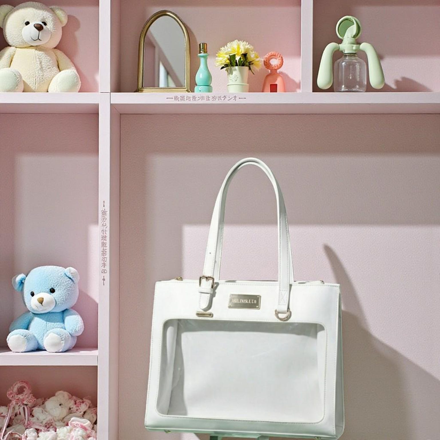 White Kawaii Convertible Ita Bag with Clear Window for Pin Display White Kawaii Convertible Ita Bag with Clear Window for Pin Display — ita bag detail view
