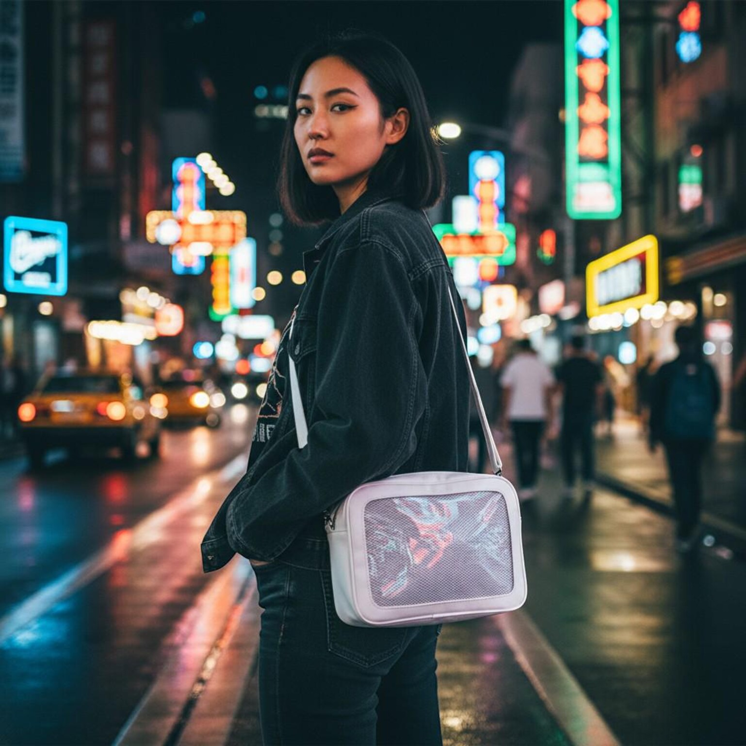 White Kawaii Convertible Ita Bag with Clear Window for Pin Display White Kawaii Convertible Ita Bag with Clear Window for Pin Display — ita bag detail view