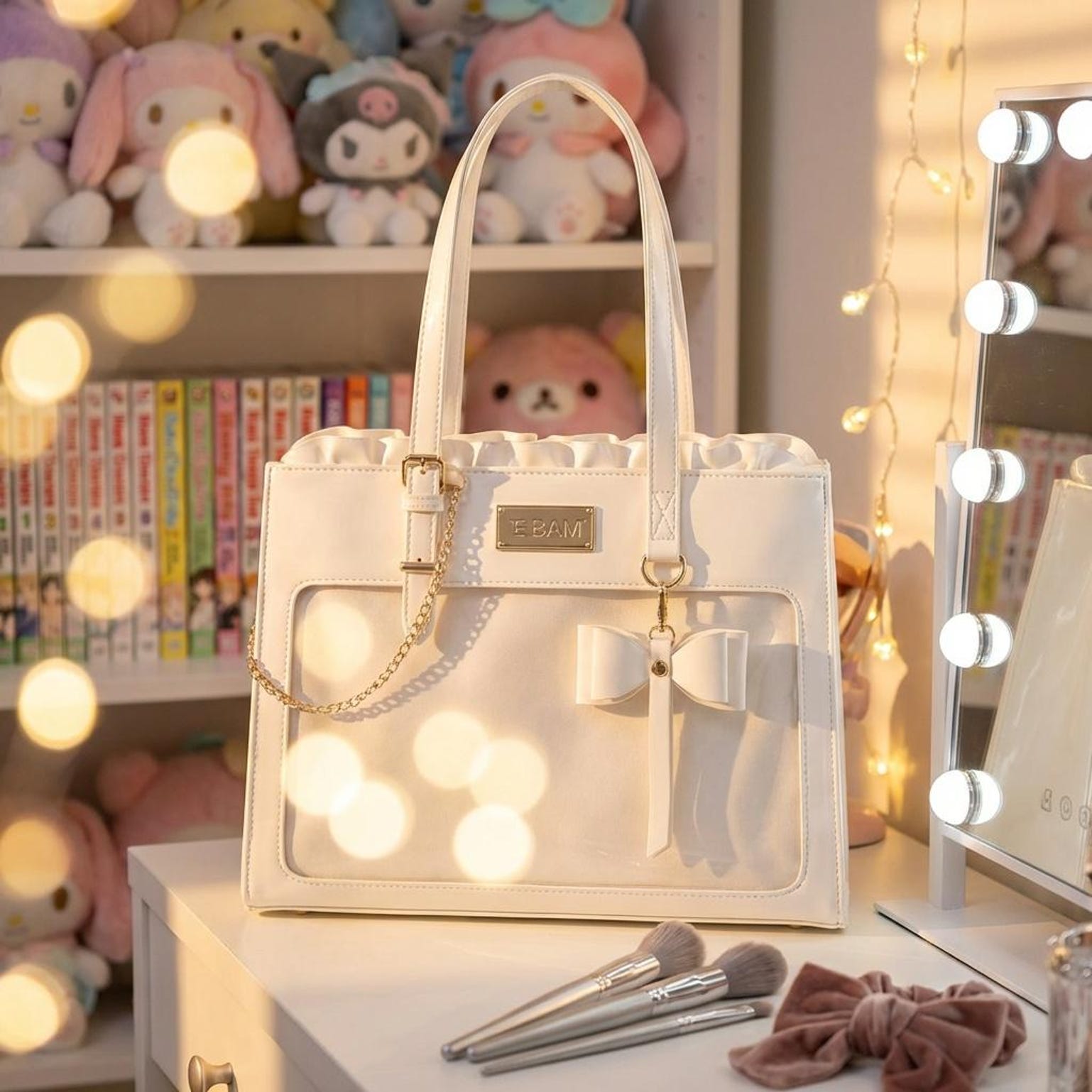 White Kawaii Convertible Ita Bag with Clear Window for Pin Display White Kawaii Convertible Ita Bag with Clear Window for Pin Display — ita bag detail view