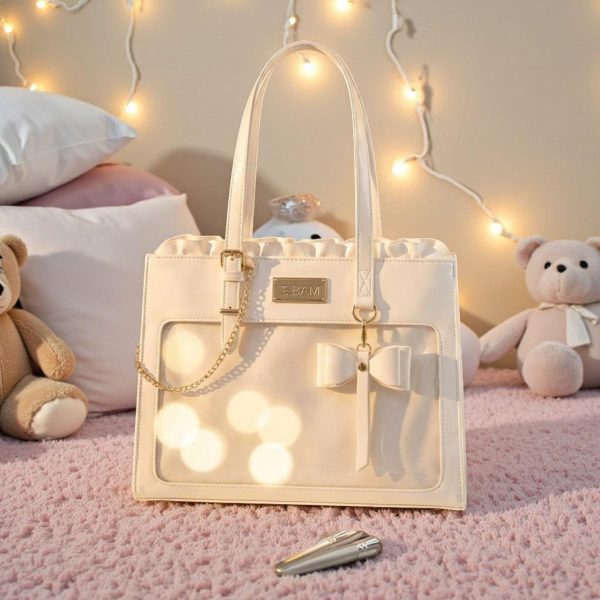 White Kawaii Convertible Ita Bag with Clear Window for Pin Display — ita bag detail view