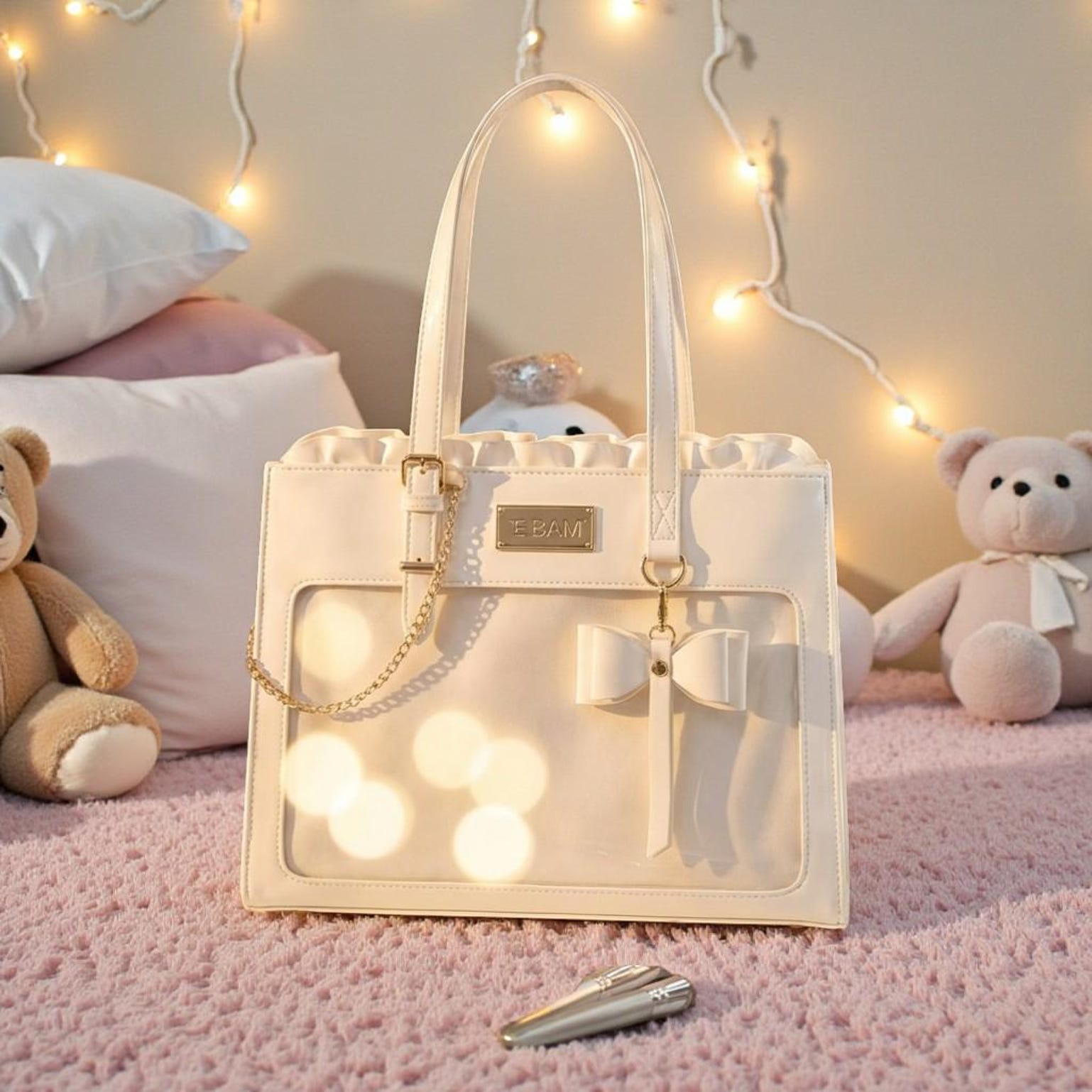 White Kawaii Convertible Ita Bag with Clear Window for Pin Display White Kawaii Convertible Ita Bag with Clear Window for Pin Display — ita bag detail view