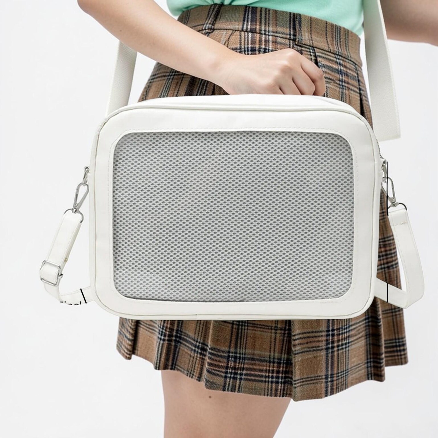White Kawaii Convertible Ita Bag with Clear Window for Pin Display White Kawaii Convertible Ita Bag with Clear Window for Pin Display — ita bag detail view