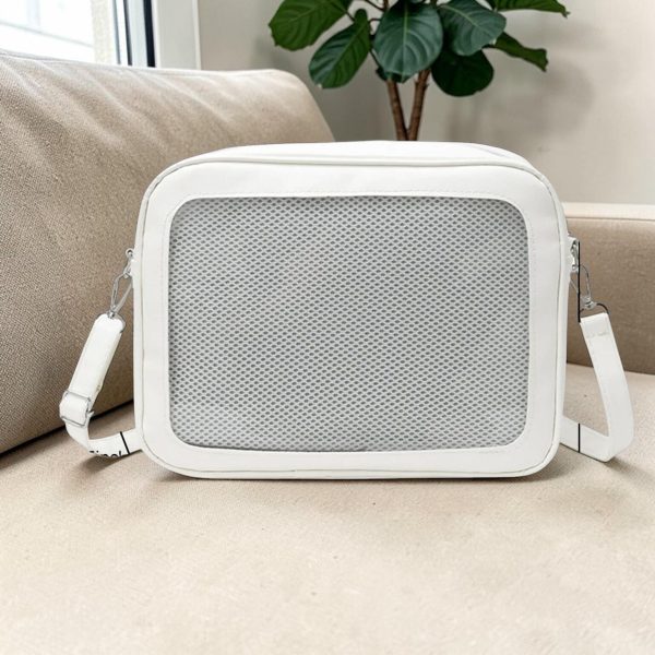 White Kawaii Convertible Ita Bag with Clear Window for Pin Display — ita bag detail view