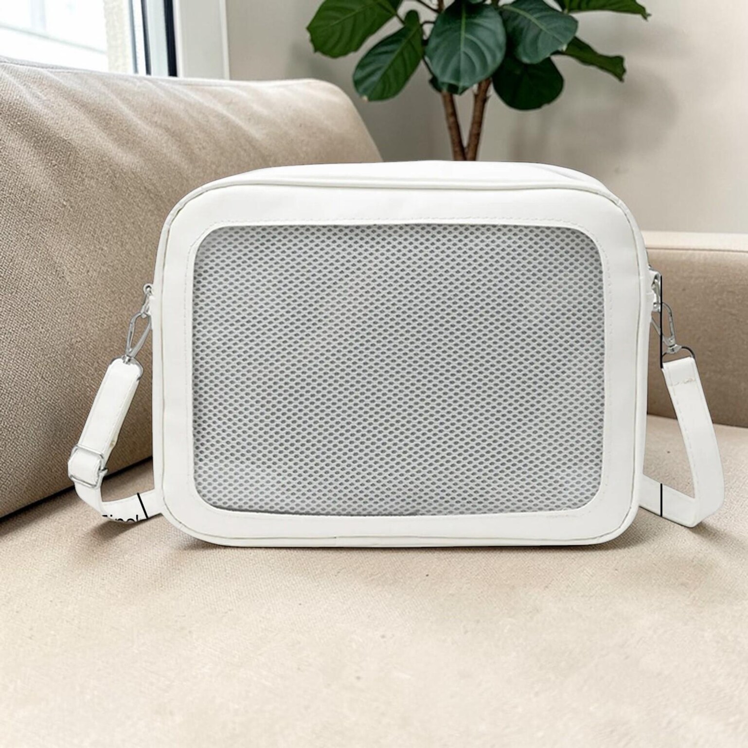 White Kawaii Convertible Ita Bag with Clear Window for Pin Display White Kawaii Convertible Ita Bag with Clear Window for Pin Display — ita bag detail view