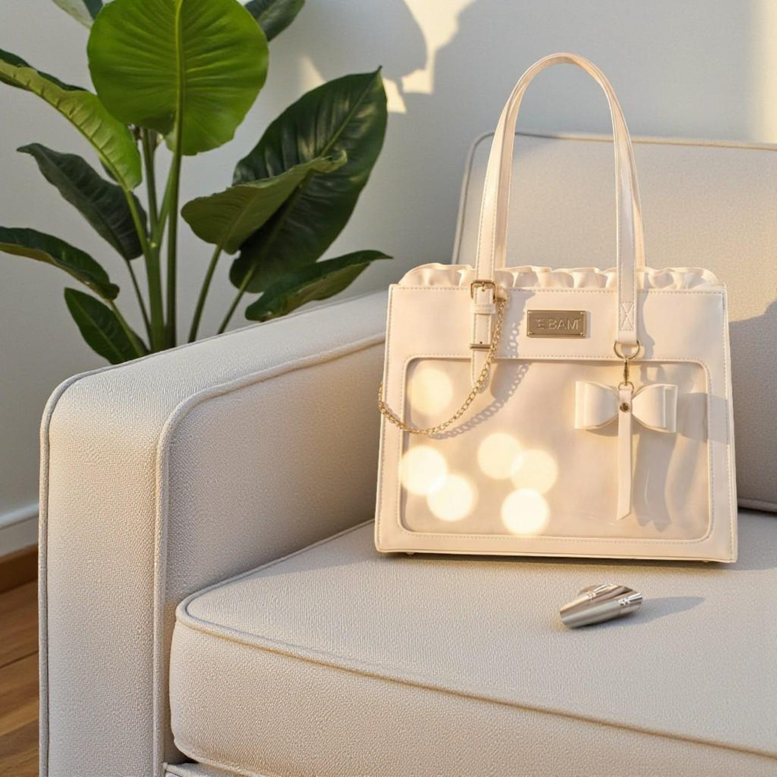 White Kawaii Convertible Ita Bag with Clear Window for Pin Display White Kawaii Convertible Ita Bag with Clear Window for Pin Display — ita bag detail view