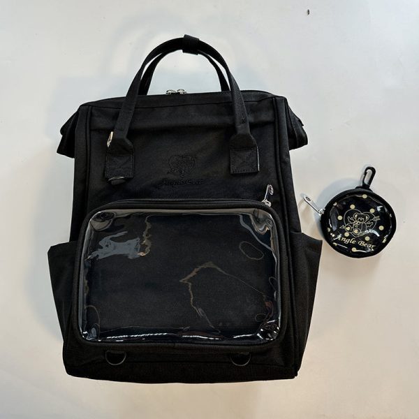 White Kawaii Ita Backpack with Clear Window and Included Insert for Pin Display — ita backpack detail view