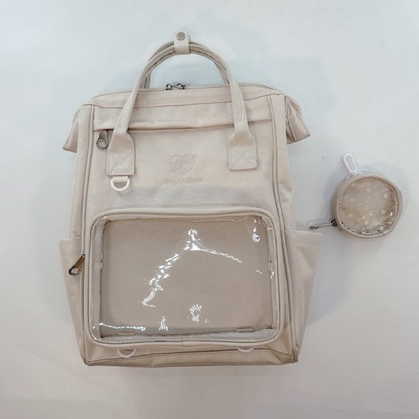 White Kawaii Ita Backpack with Clear Window for Pin Display — ita backpack detail view