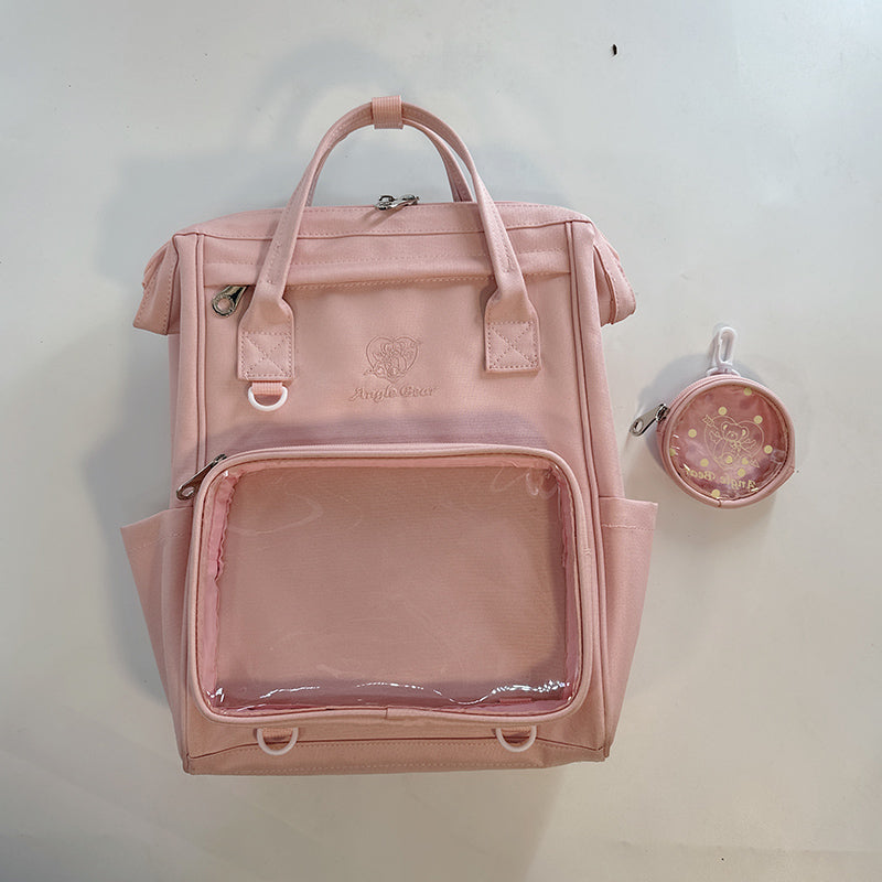 White Kawaii Ita Backpack with Clear Window for Pin Display White Kawaii Ita Backpack with Clear Window for Pin Display — ita backpack detail view