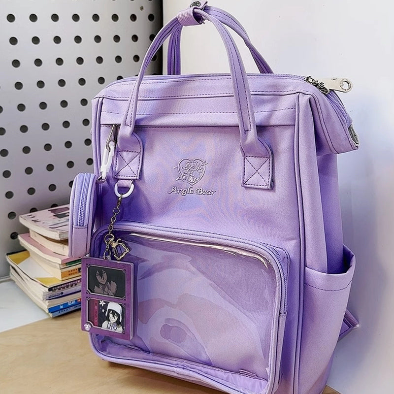 White Kawaii Ita Backpack with Clear Window and Included Insert for Pin Display White Kawaii Ita Backpack with Clear Window and Included Insert for Pin Display — ita backpack detail view