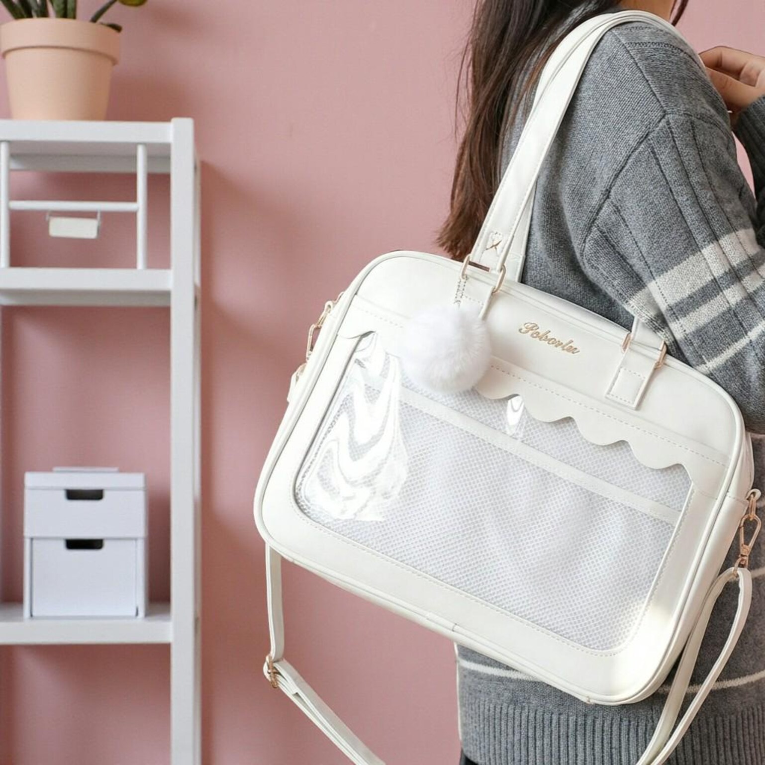 White Kawaii Ita Backpack with Clear Window for Pin Display White Kawaii Ita Backpack with Clear Window for Pin Display — ita backpack detail view