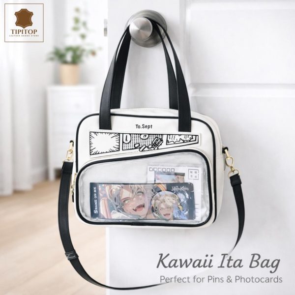 White Kawaii Y2K Convertible Ita Bag with Clear Window for Photocards and Pins — ita bag detail view