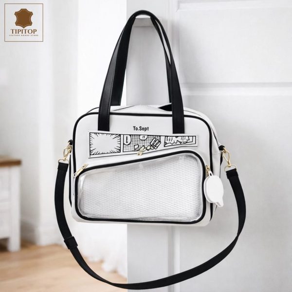 White Kawaii Y2K Convertible Ita Bag with Clear Window for Photocards and Pins — ita bag detail view