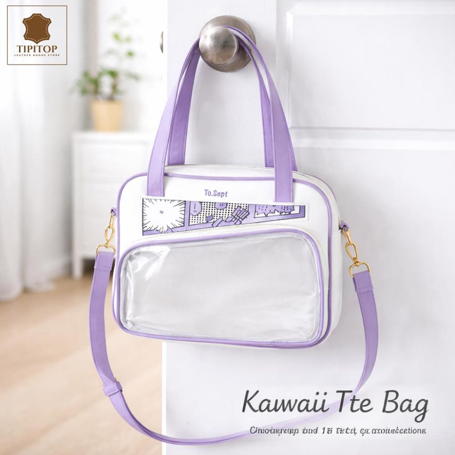 White Kawaii Y2K Convertible Ita Bag with Clear Window for Photocards and Pins White Kawaii Y2K Convertible Ita Bag with Clear Window for Photocards and Pins — ita bag detail view