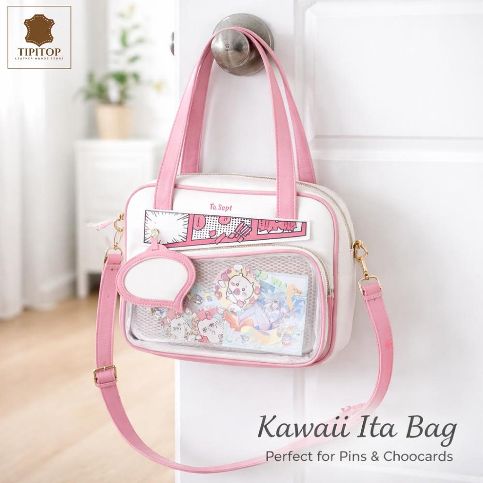 White Kawaii Y2K Convertible Ita Bag with Clear Window for Photocards and Pins White Kawaii Y2K Convertible Ita Bag with Clear Window for Photocards and Pins — ita bag detail view
