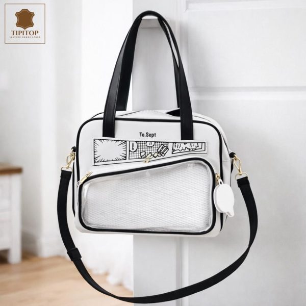 White Kawaii Y2K Convertible Ita Bag with Clear Window for Photocards and Pins — ita bag detail view