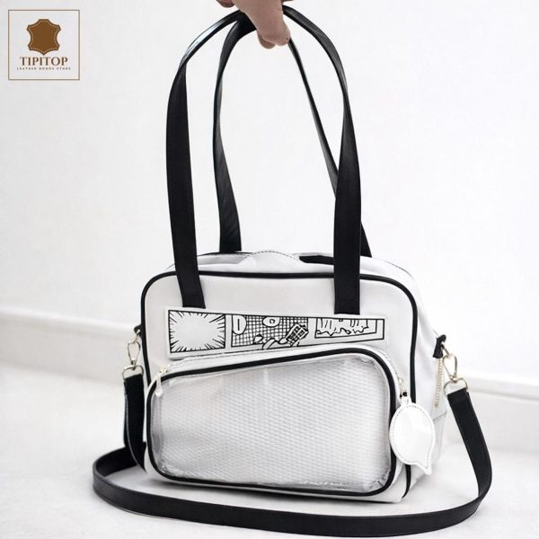White Kawaii Y2K Convertible Ita Bag with Clear Window for Photocards and Pins — ita bag detail view
