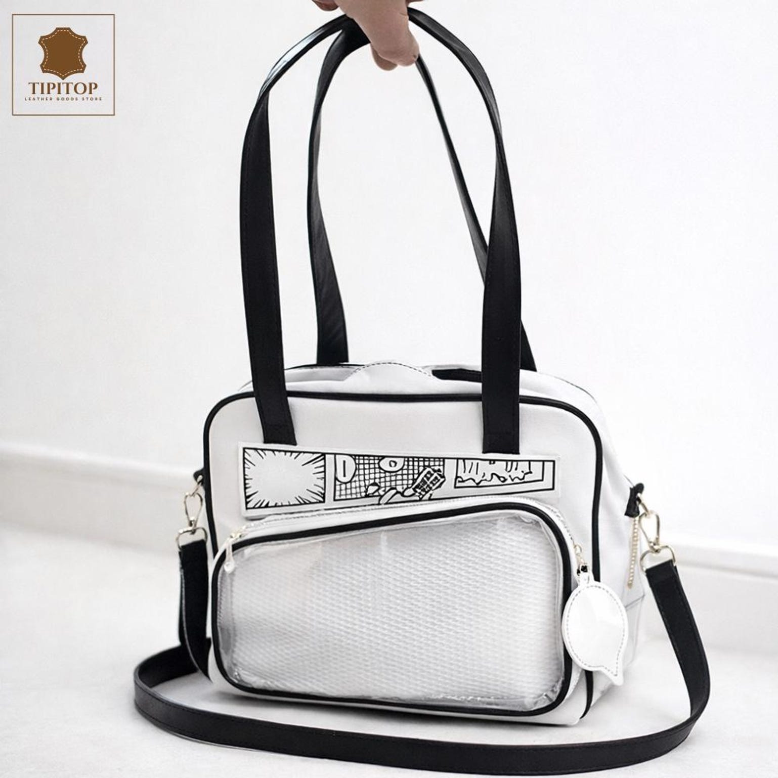 White Kawaii Y2K Convertible Ita Bag with Clear Window for Photocards and Pins White Kawaii Y2K Convertible Ita Bag with Clear Window for Photocards and Pins — ita bag detail view