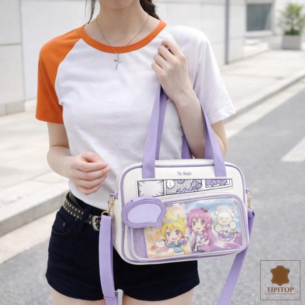 White Kawaii Y2K Convertible Ita Bag with Clear Window for Photocards and Pins — ita bag detail view