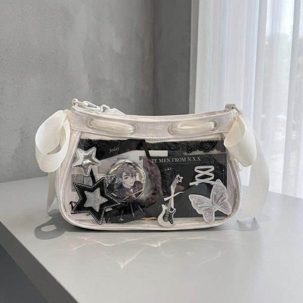 White Kawaii Y2K Ita Shoulder Bag with Clear Window for Photocards and Pins — crossbody ita bag detail view