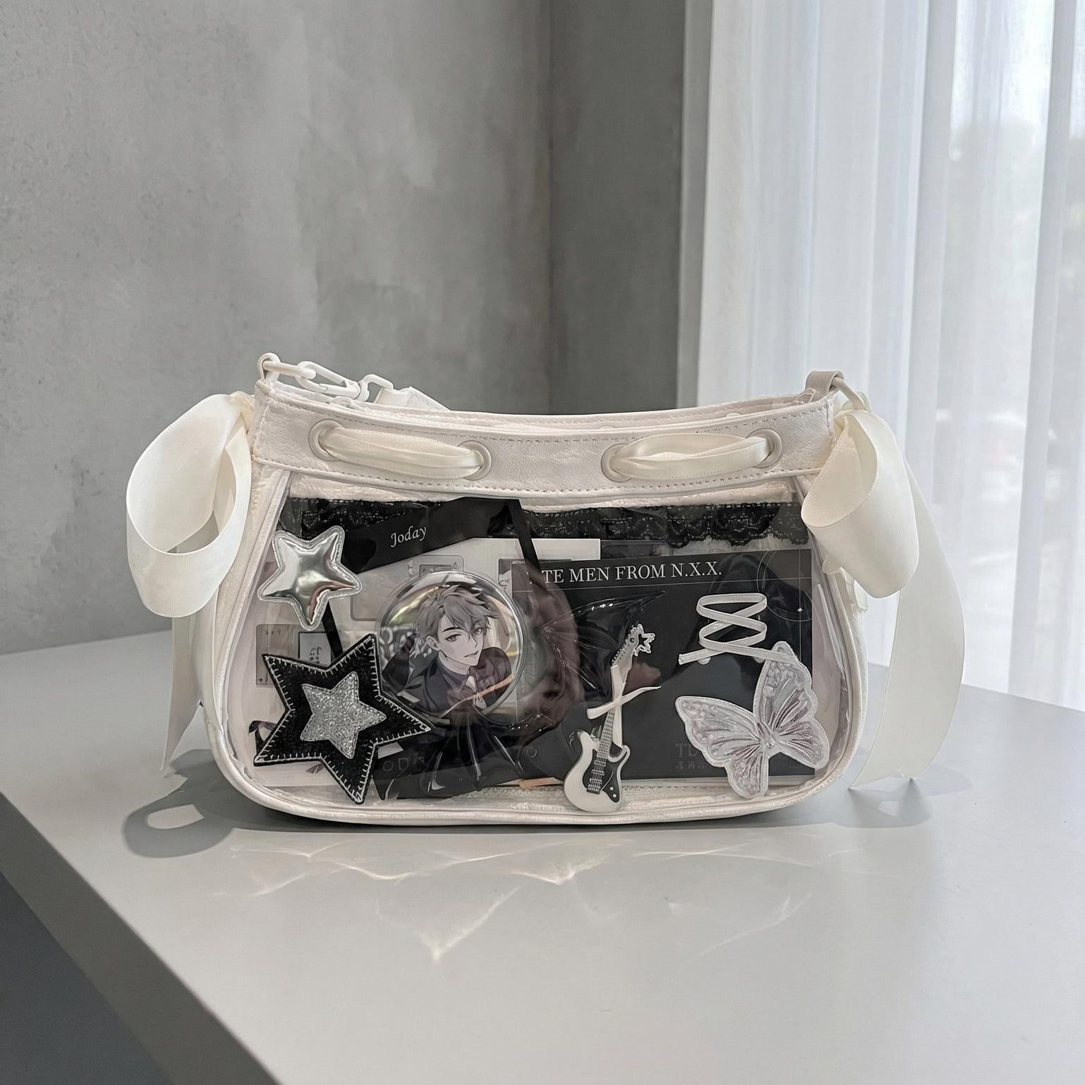 White Kawaii Y2K Ita Shoulder Bag with Clear Window for Photocards and Pins White Kawaii Y2K Ita Shoulder Bag with Clear Window for Photocards and Pins — crossbody ita bag detail view