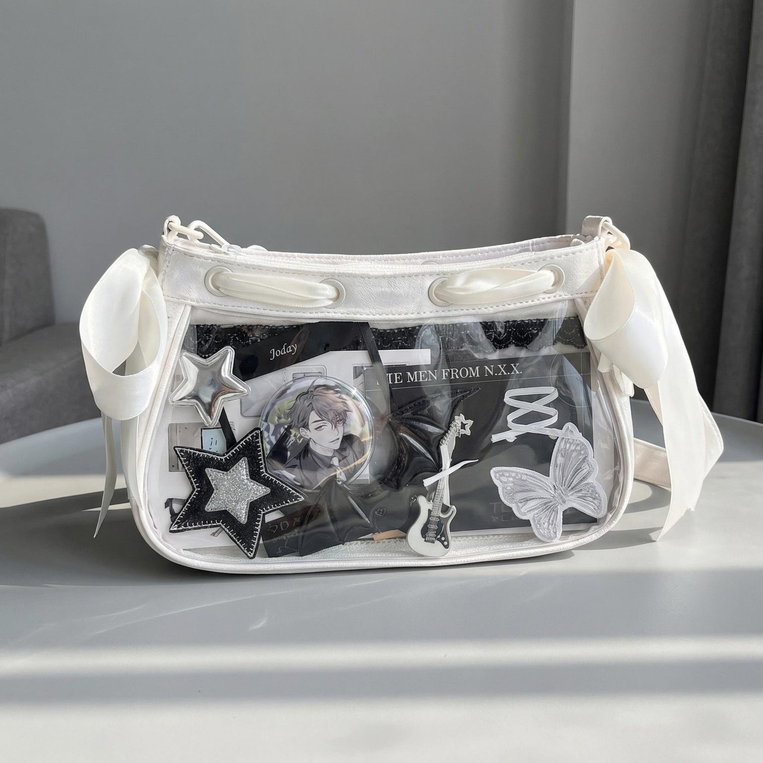 White Kawaii Y2K Ita Shoulder Bag with Clear Window for Photocards and Pins White Kawaii Y2K Ita Shoulder Bag with Clear Window for Photocards and Pins — crossbody ita bag detail view