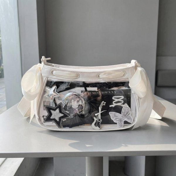 White Kawaii Y2K Ita Shoulder Bag with Clear Window for Photocards and Pins — crossbody ita bag detail view