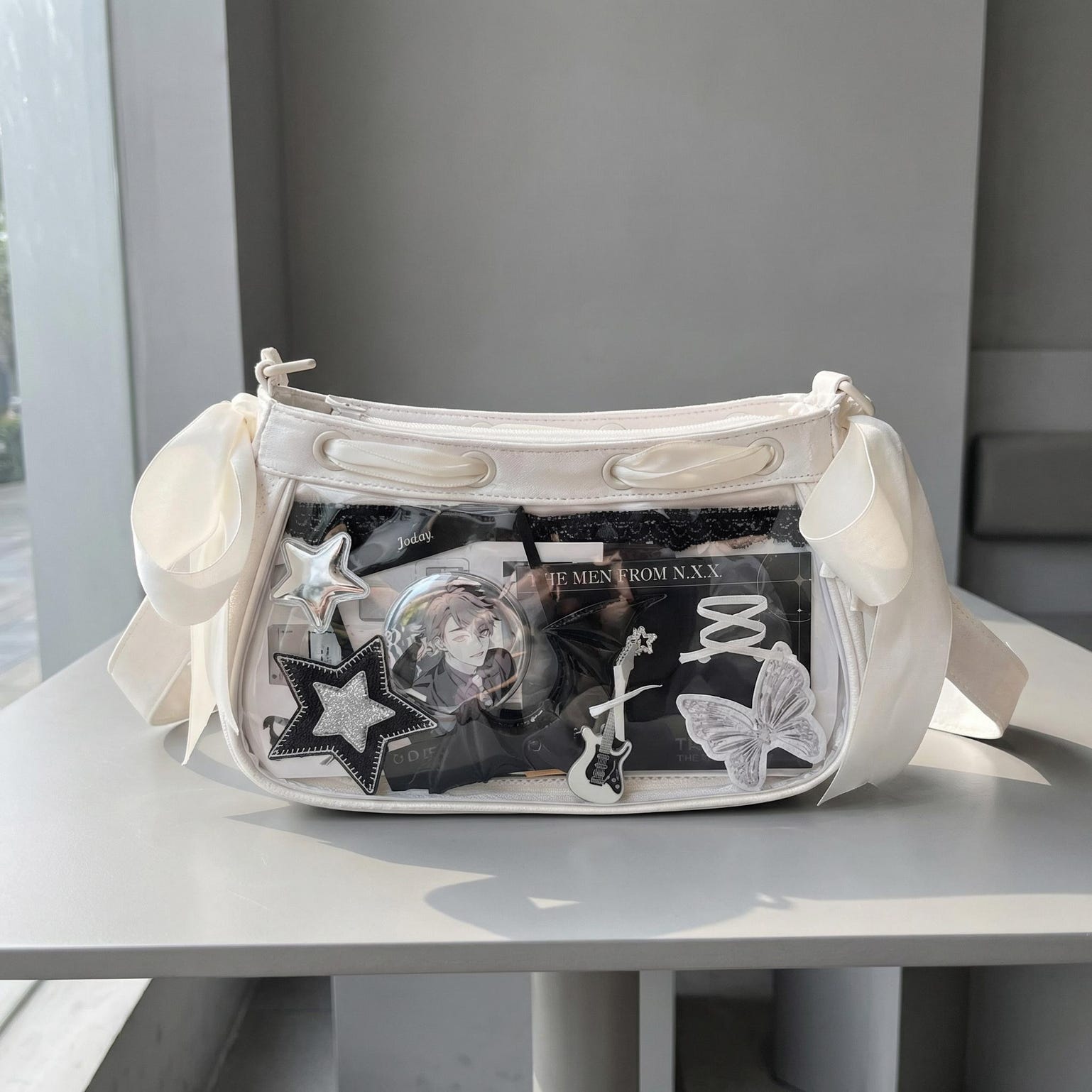 White Kawaii Y2K Ita Shoulder Bag with Clear Window for Photocards and Pins White Kawaii Y2K Ita Shoulder Bag with Clear Window for Photocards and Pins — crossbody ita bag detail view