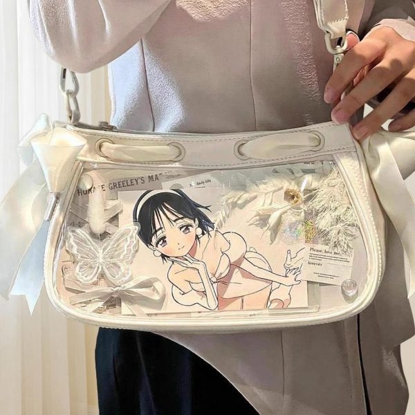 White Kawaii Y2K Ita Shoulder Bag with Clear Window for Photocards and Pins — crossbody ita bag detail view