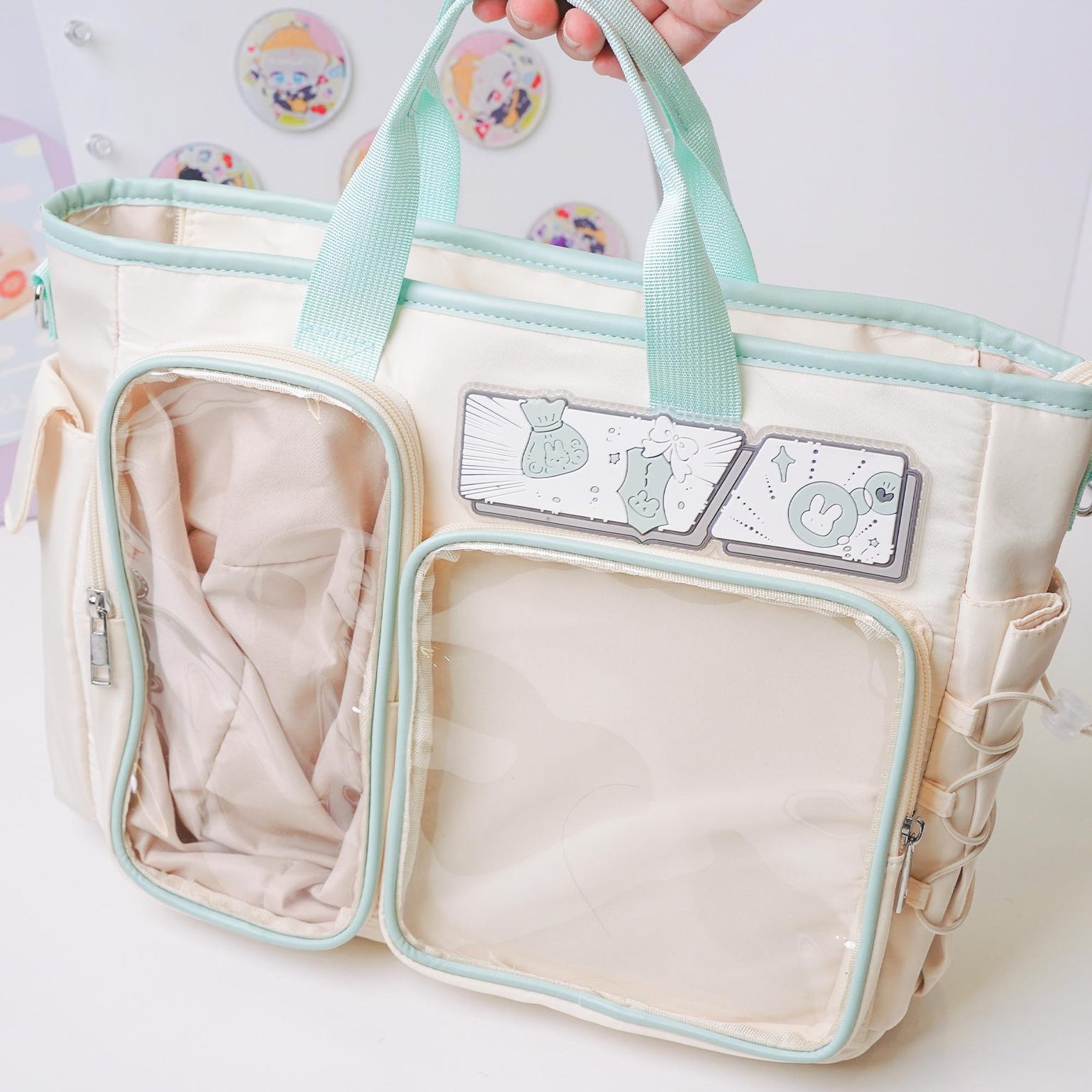 White Plaid Ita Shoulder Bag with Clear Window for Plushies and Pins White Plaid Ita Shoulder Bag with Clear Window for Plushies and Pins — crossbody ita bag detail view