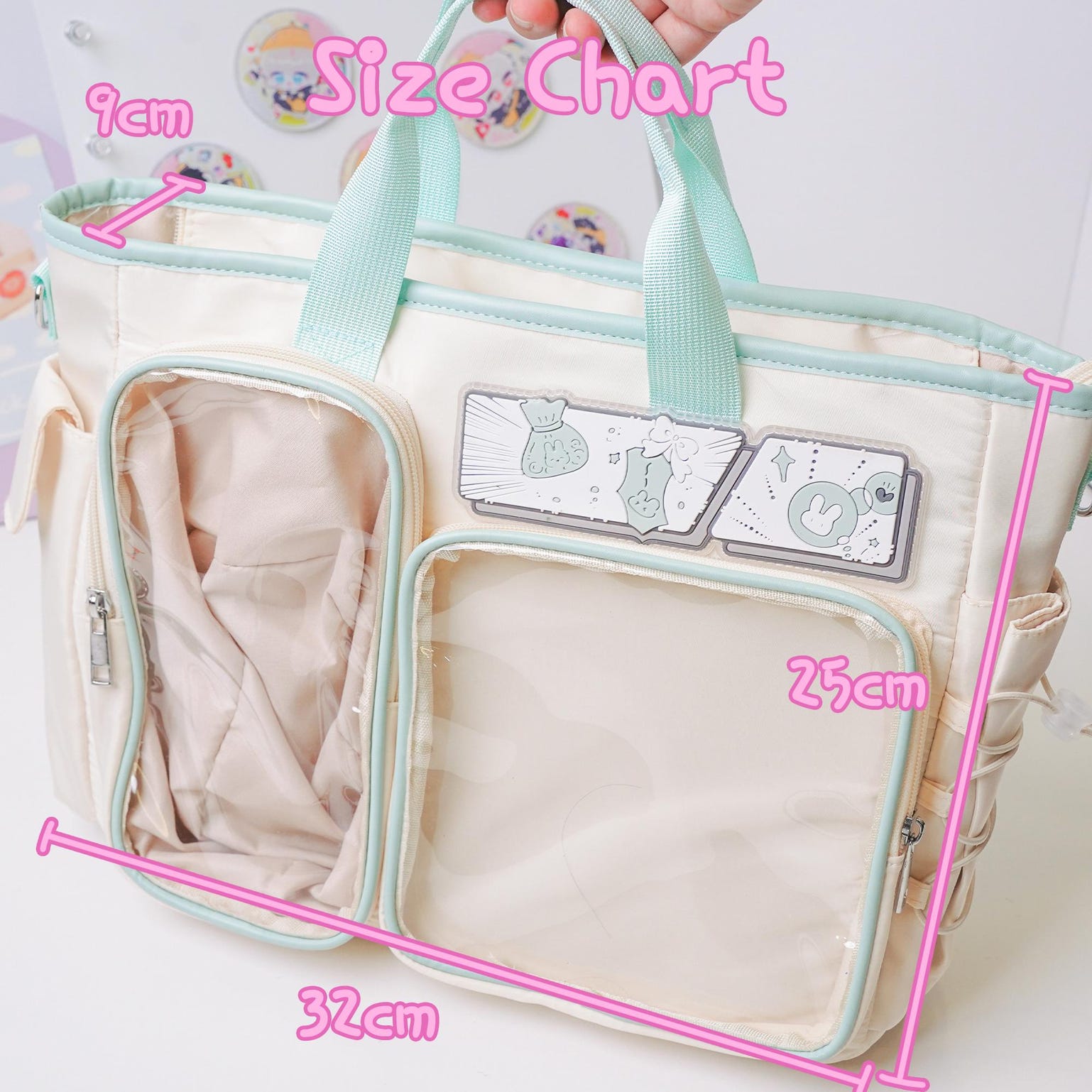 White Plaid Ita Shoulder Bag with Clear Window for Plushies and Pins White Plaid Ita Shoulder Bag with Clear Window for Plushies and Pins — crossbody ita bag detail view
