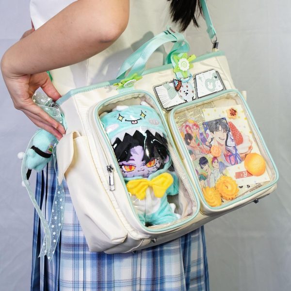 White Plaid Ita Shoulder Bag with Clear Window for Plushies and Pins — crossbody ita bag detail view