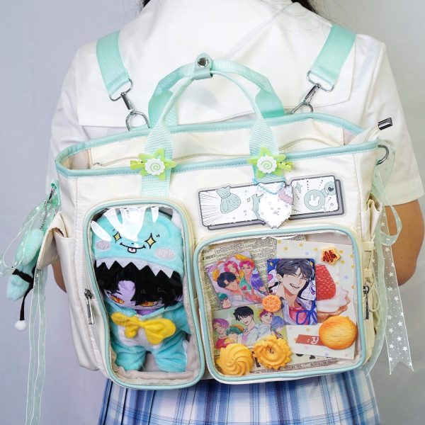 White Plaid Ita Shoulder Bag with Clear Window for Plushies and Pins — crossbody ita bag detail view