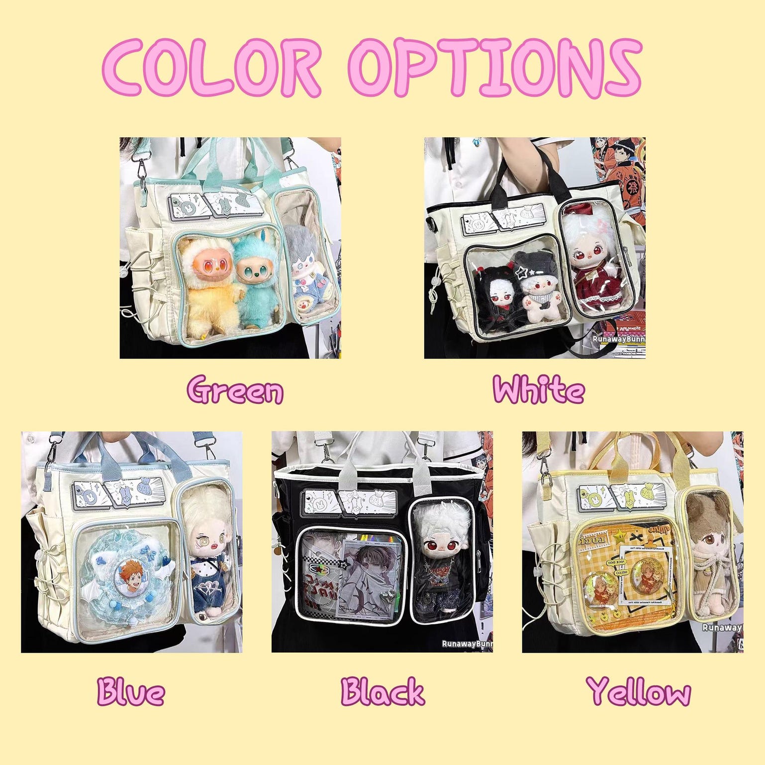 White Plaid Ita Shoulder Bag with Clear Window for Plushies and Pins White Plaid Ita Shoulder Bag with Clear Window for Plushies and Pins — crossbody ita bag detail view