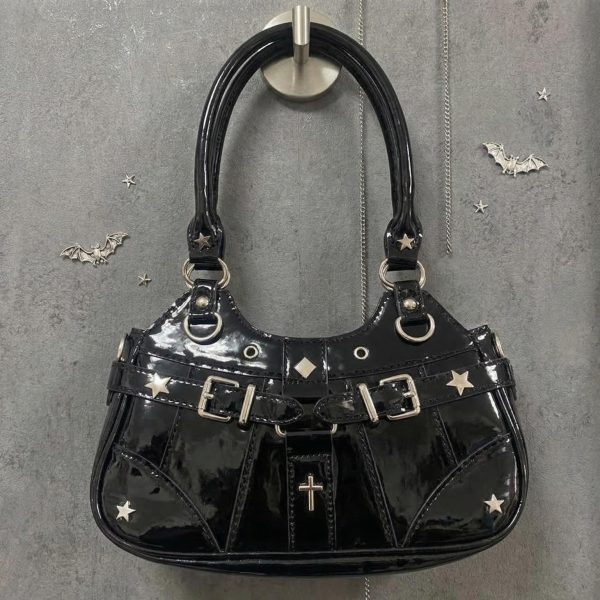 Y2K Gothic Ita Shoulder Bag with Clear Window for Photocards and Pins — crossbody ita bag detail view
