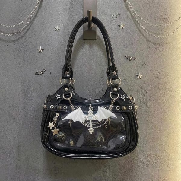 Y2K Gothic Ita Shoulder Bag with Clear Window for Photocards and Pins — crossbody ita bag detail view