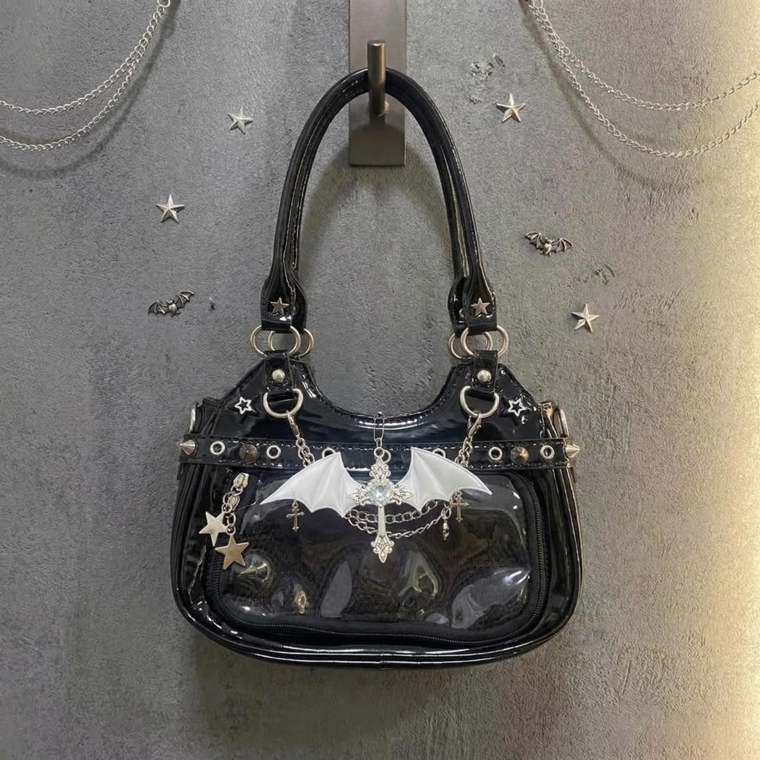 Y2K Gothic Ita Shoulder Bag with Clear Window for Photocards and Pins Y2K Gothic Ita Shoulder Bag with Clear Window for Photocards and Pins — crossbody ita bag detail view