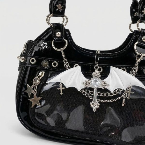 Y2K Gothic Ita Shoulder Bag with Clear Window for Photocards and Pins — crossbody ita bag detail view