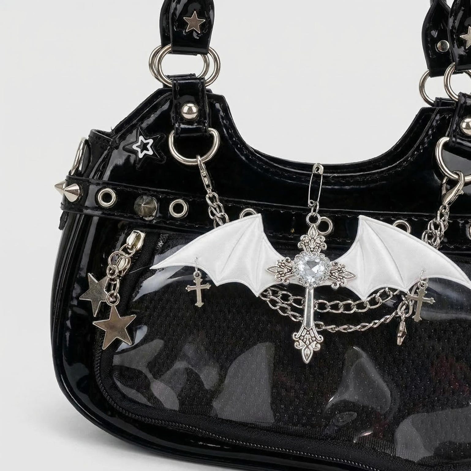 Y2K Gothic Ita Shoulder Bag with Clear Window for Photocards and Pins Y2K Gothic Ita Shoulder Bag with Clear Window for Photocards and Pins — crossbody ita bag detail view