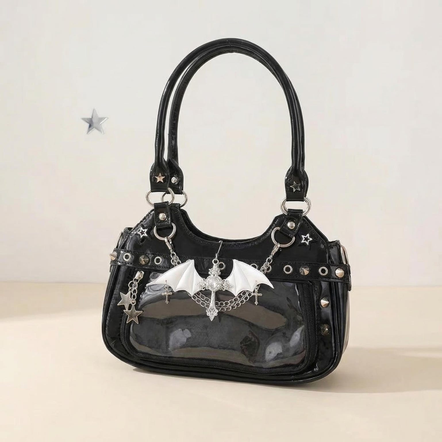Y2K Gothic Ita Shoulder Bag with Clear Window for Photocards and Pins Y2K Gothic Ita Shoulder Bag with Clear Window for Photocards and Pins — crossbody ita bag detail view