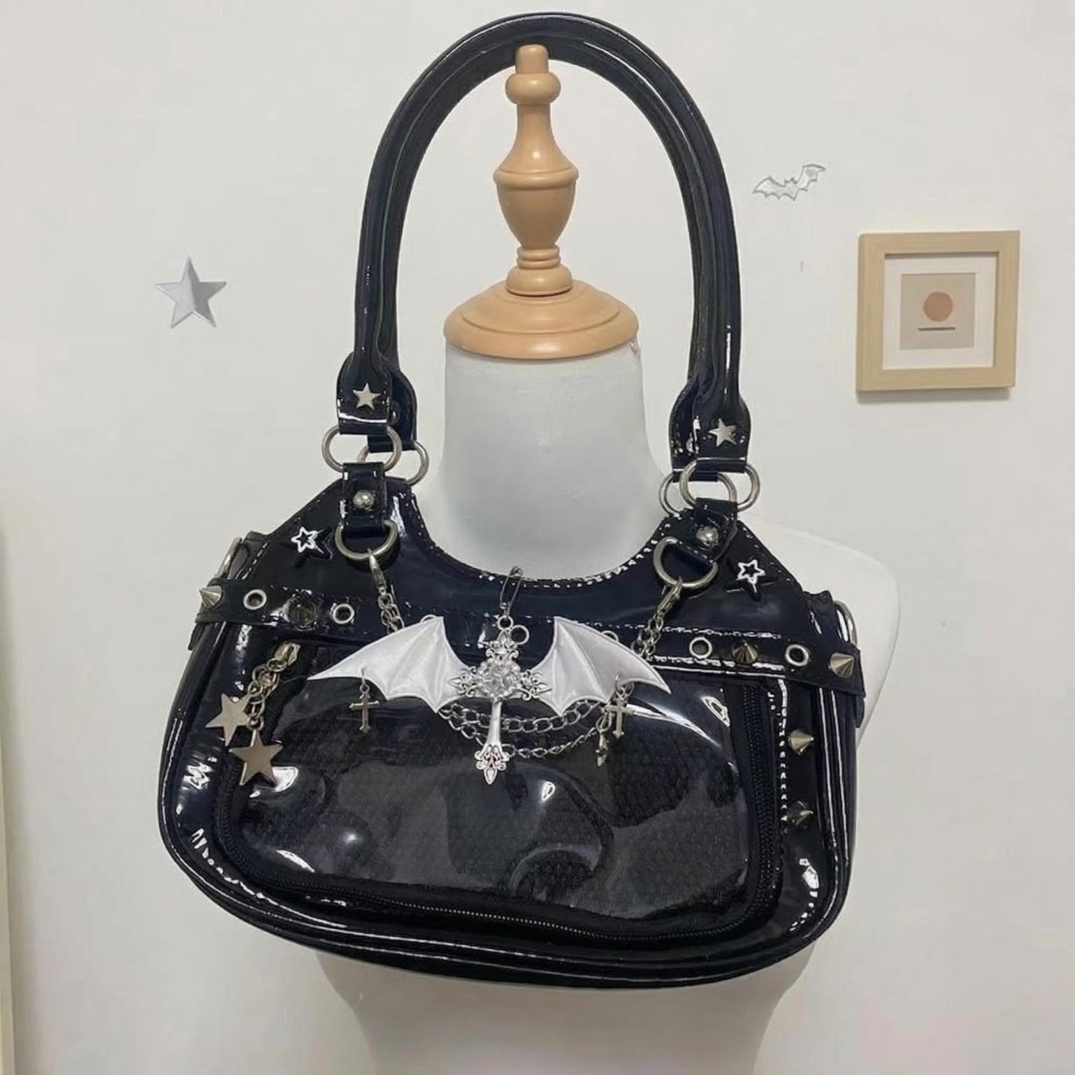 Y2K Gothic Ita Shoulder Bag with Clear Window for Photocards and Pins Y2K Gothic Ita Shoulder Bag with Clear Window for Photocards and Pins — crossbody ita bag with clear display window