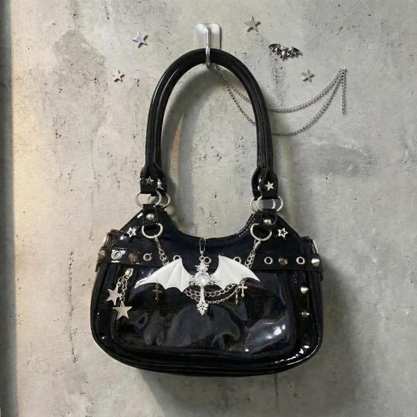 Y2K Gothic Ita Shoulder Bag with Clear Window for Photocards and Pins — crossbody ita bag detail view