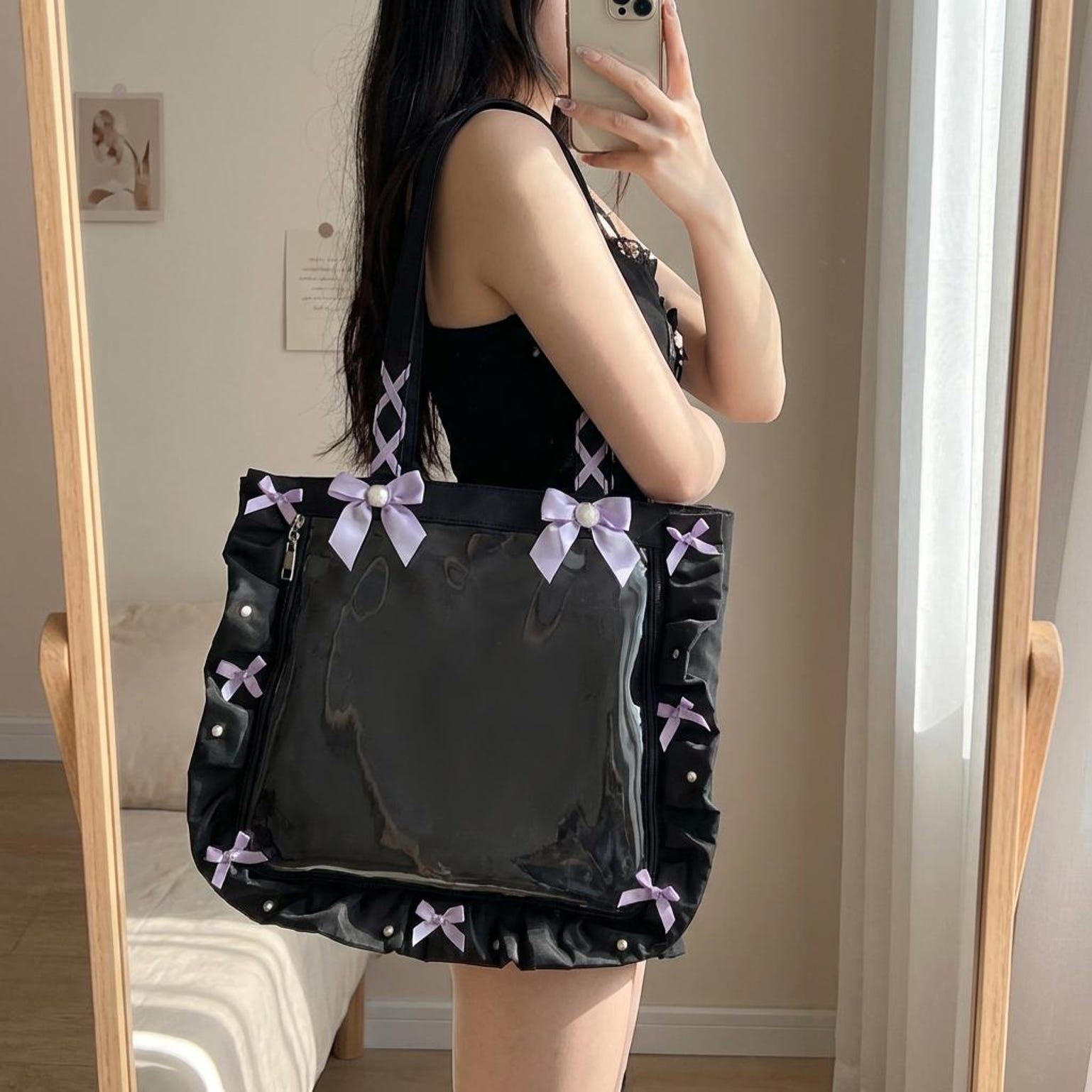Y2K Gothic Ita Tote Bag with Clear Window for Photocards and Pins