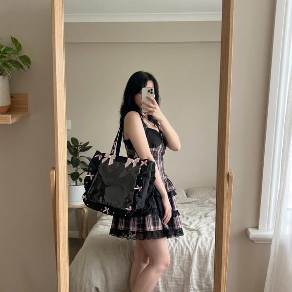 Y2K Gothic Ita Tote Bag with Clear Window for Photocards and Pins — ita tote bag detail view