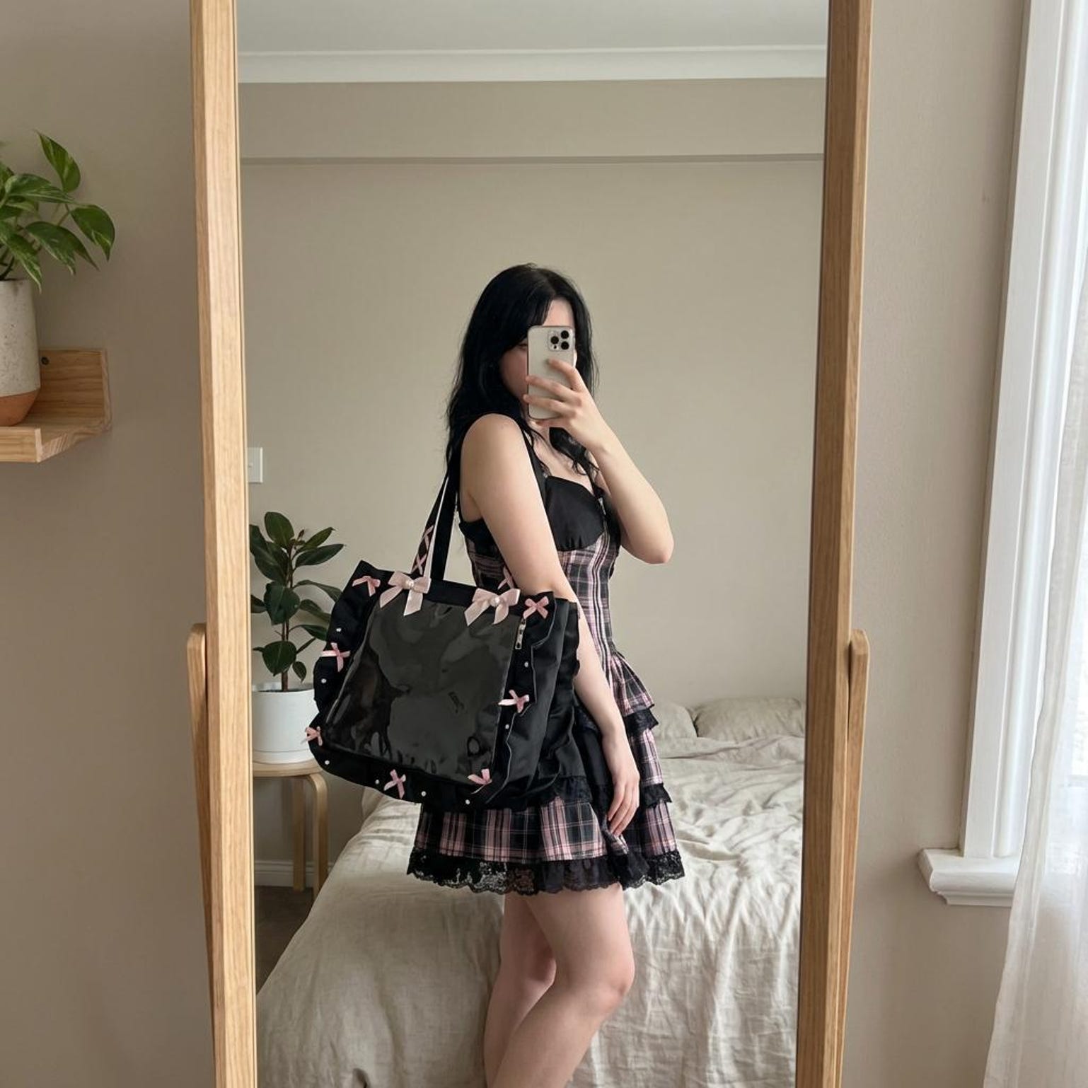 Y2K Gothic Ita Tote Bag with Clear Window for Photocards and Pins Y2K Gothic Ita Tote Bag with Clear Window for Photocards and Pins — ita tote bag detail view