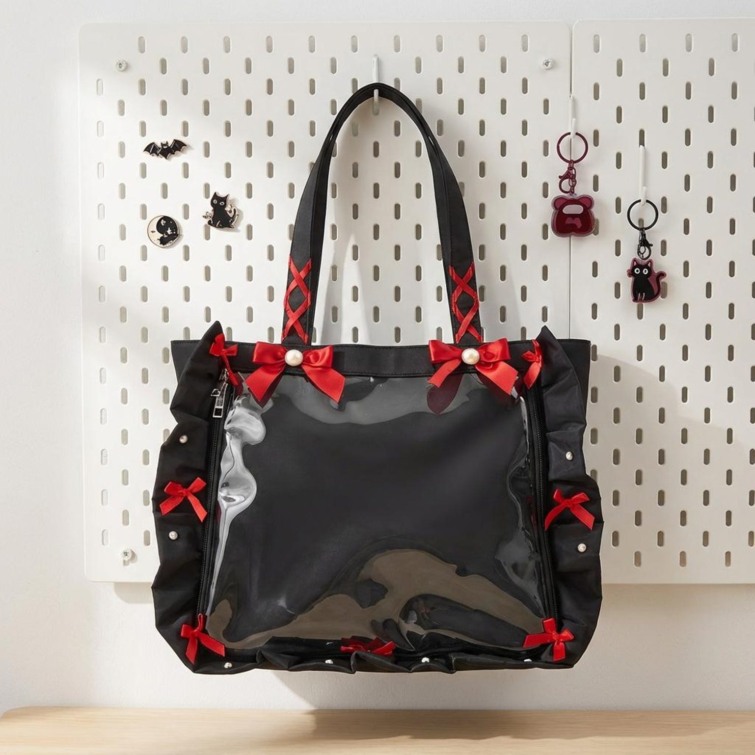Y2K Gothic Ita Tote Bag with Clear Window for Photocards and Pins Y2K Gothic Ita Tote Bag with Clear Window for Photocards and Pins — ita tote bag detail view
