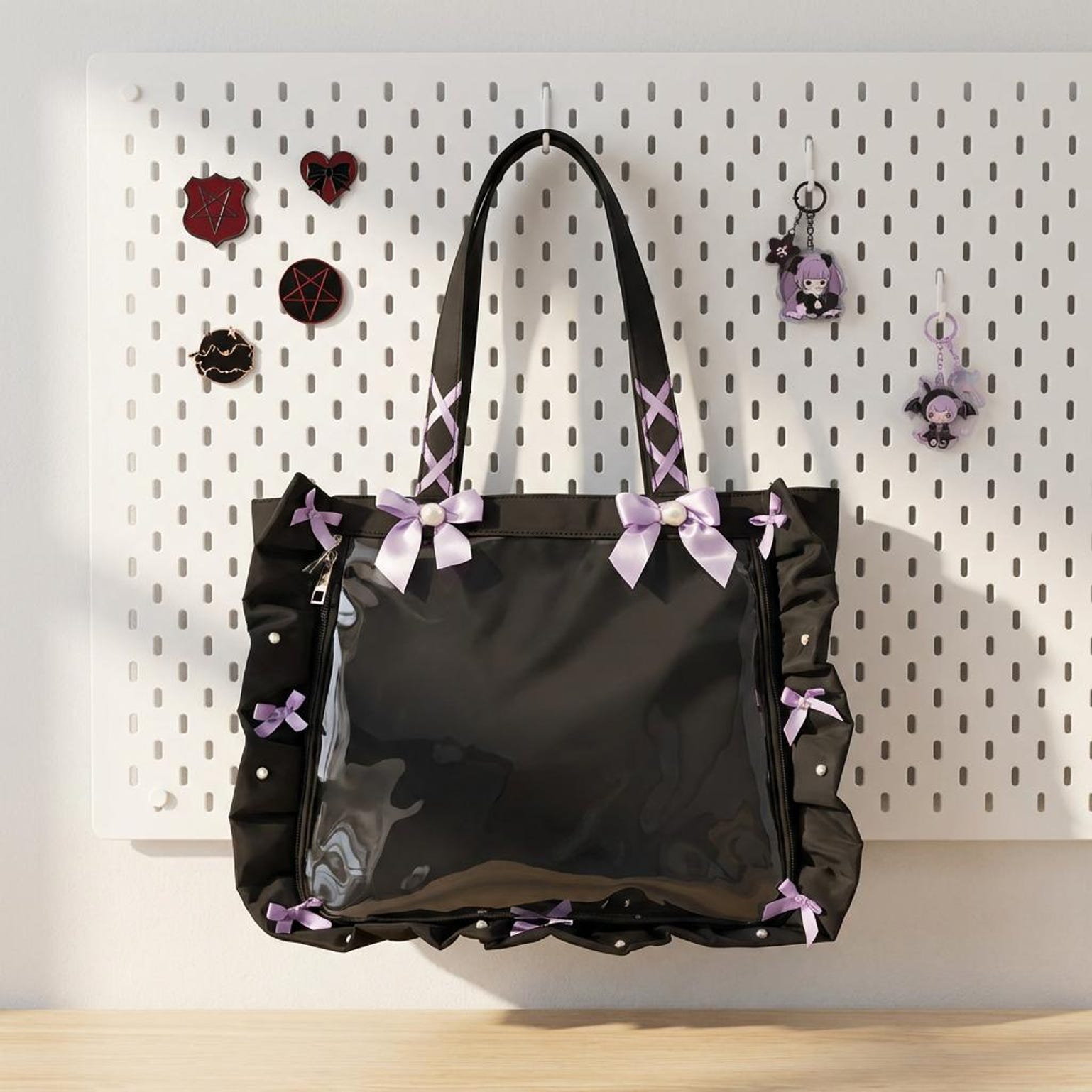 Y2K Gothic Ita Tote Bag with Clear Window for Photocards and Pins Y2K Gothic Ita Tote Bag with Clear Window for Photocards and Pins — ita tote bag detail view