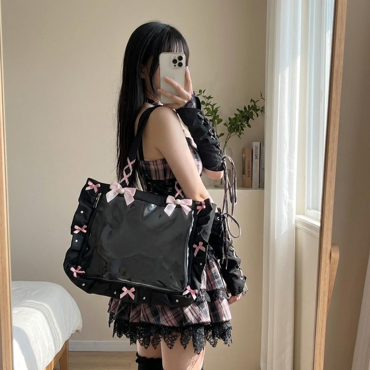 Y2K Gothic Ita Tote Bag with Clear Window for Photocards and Pins Y2K Gothic Ita Tote Bag with Clear Window for Photocards and Pins — ita tote bag detail view