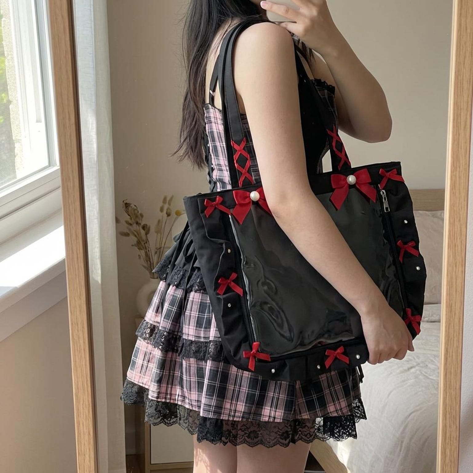 Y2K Gothic Ita Tote Bag with Clear Window for Photocards and Pins Y2K Gothic Ita Tote Bag with Clear Window for Photocards and Pins — ita tote bag detail view